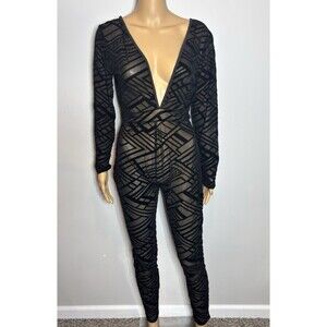 Y2K Sz M Geometric Mesh Jumpsuit Black V-Neck Long Sleeve Rave Clubwear Outfit